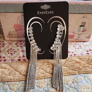 Bebe Silver Dangle Earrings with Clear Crystals